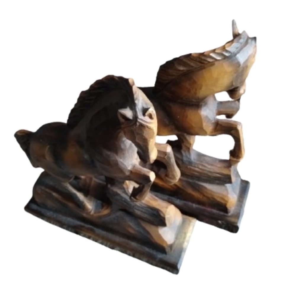 VTG (2) 1969 Hand Carved Wood Tiger Eyed Horse Book Ends, One of the kind